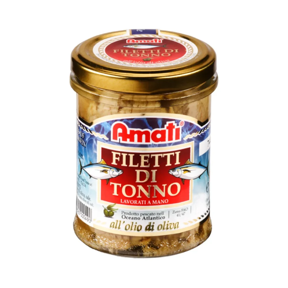 Tranci di Tonno in olio di oliva vaso 200gAMATI/Tonhalszeletek olívaolajban, üvegben