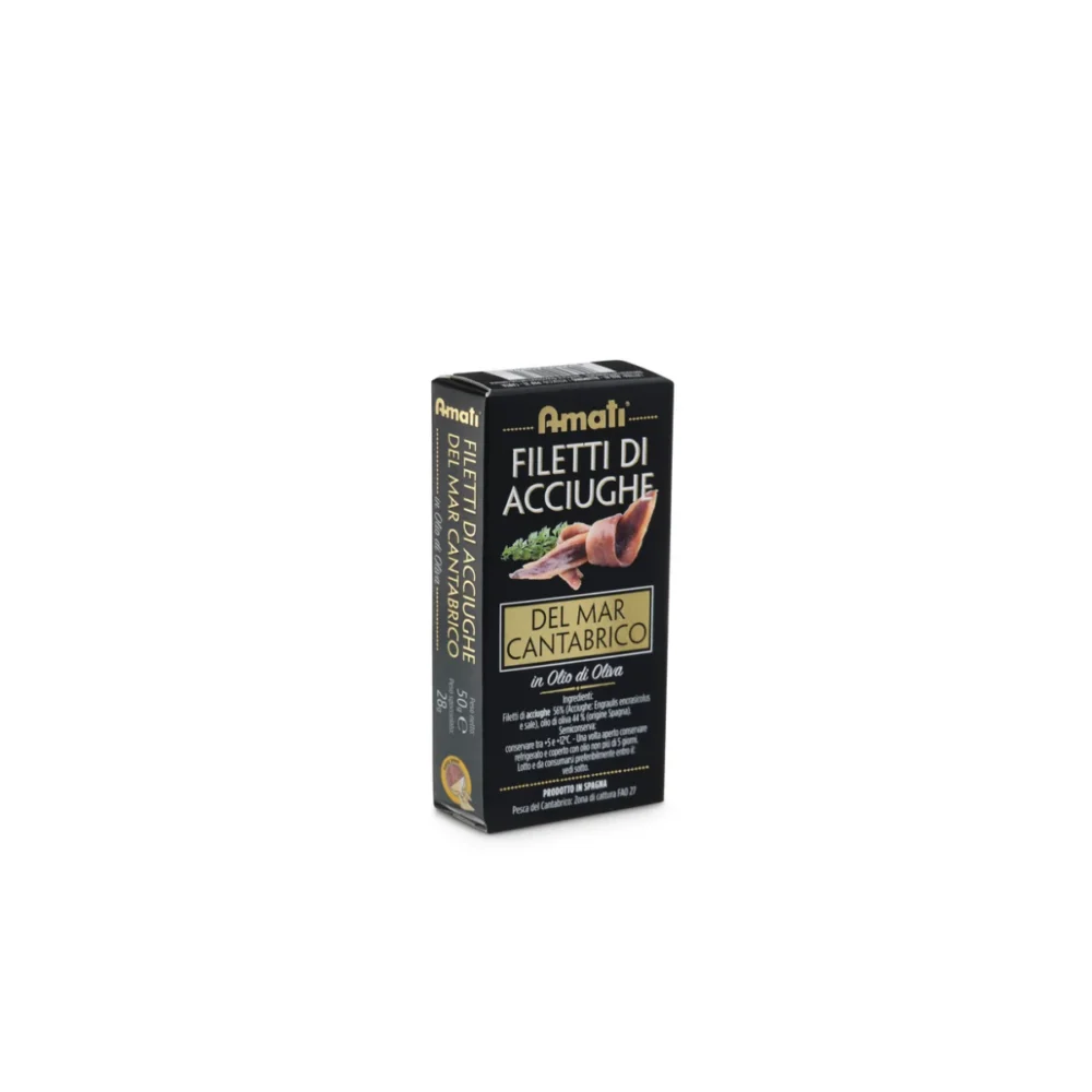 Filetti di acciughe Cantabrico in olio di Oliva AMATI 48g sgocciolato 26g.